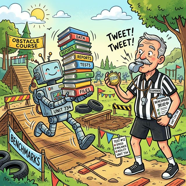 漫画：人类裁判拿着秒表和记录板监督机器人通过跨栏障碍重重的赛场