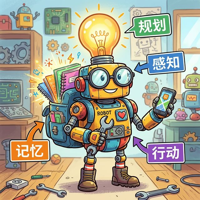 漫画：现代 AI Agent 具备大脑、手眼工具的高级执行力形态