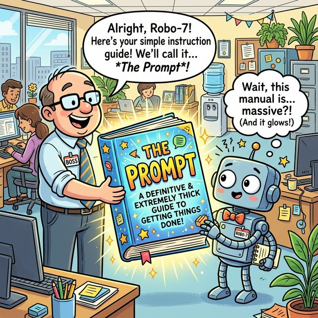 漫画：老板将一本发光的极厚说明书递给一脸懵逼的机器人新员工