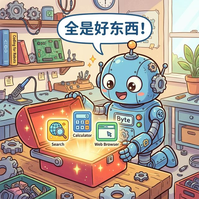 漫画：机器人打开一个发光的工具箱，里面全是诸如搜索和计算器的图标