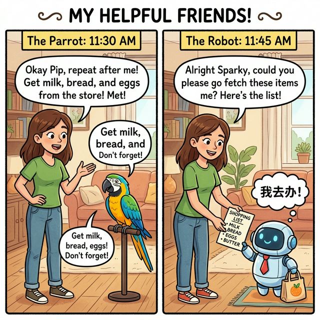 漫画：聊天机器人与真正的 Agent 对比