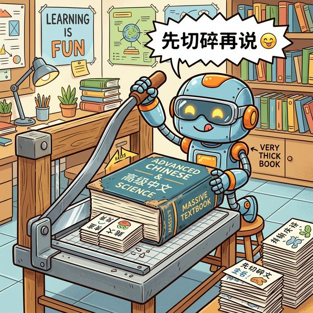 漫画：机器人正把一本巨大的资料书送进切纸机，切成整齐的小卡片