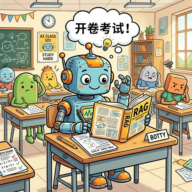漫画：机器人在书桌上盯着标有 RAG 的大厚书寻找答案