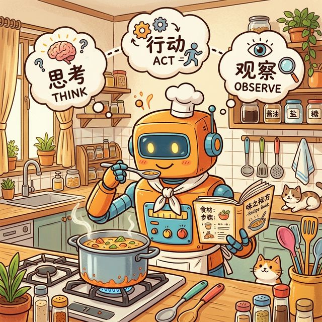 漫画：Agent 在思考、行动与观察这三个环节中不断循环推进任务