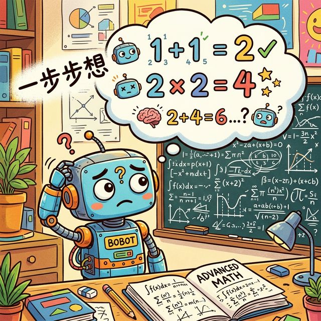 漫画：机器人摸着脑袋上的天线，头上冒出分步计算的气泡