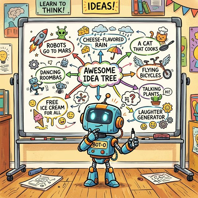 漫画：机器人在一张巨大的树状思维导图前摸着下巴沉思